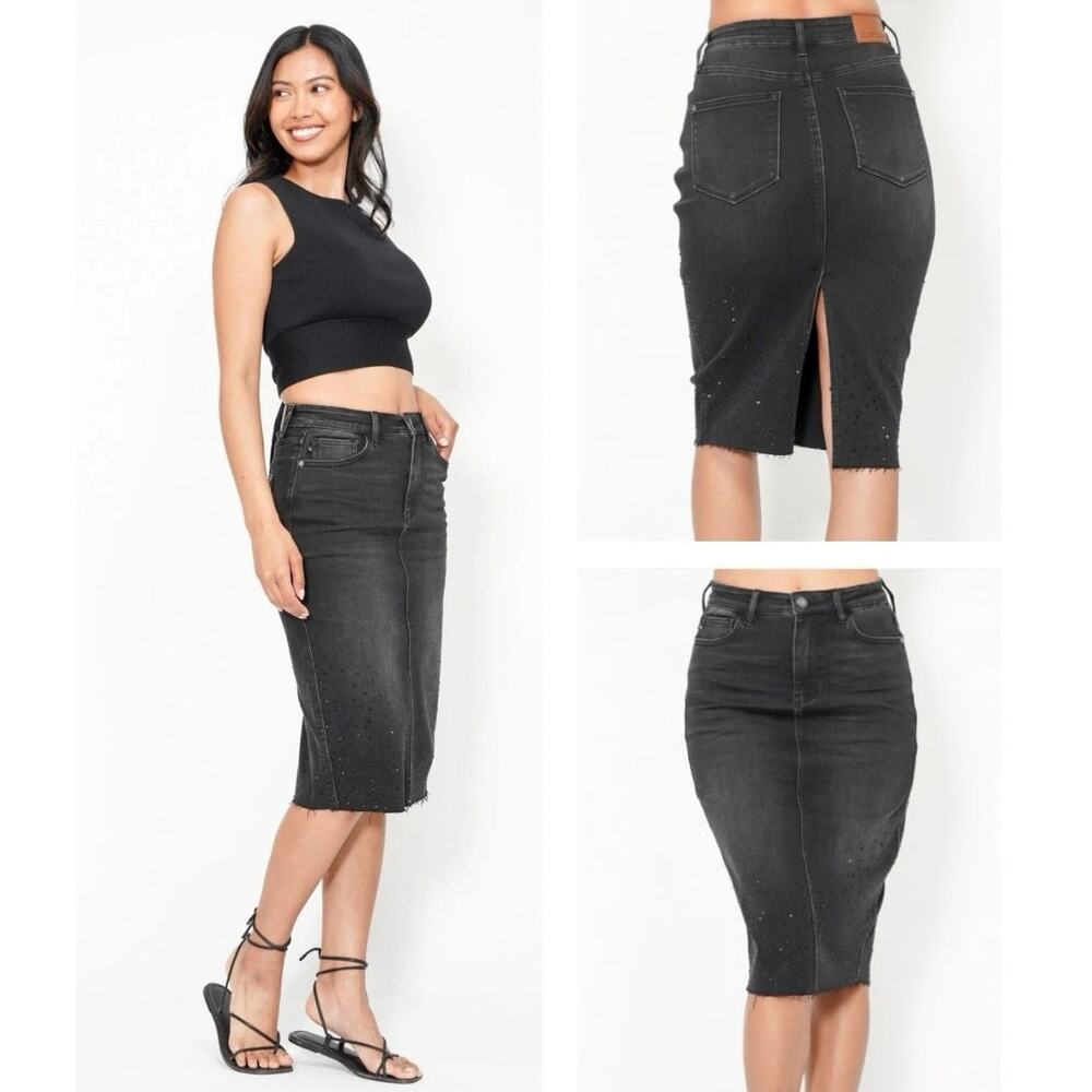 NEW Judy Blue High Waist Rhinestone Embellished Mid Length Skirt Black - Size S
